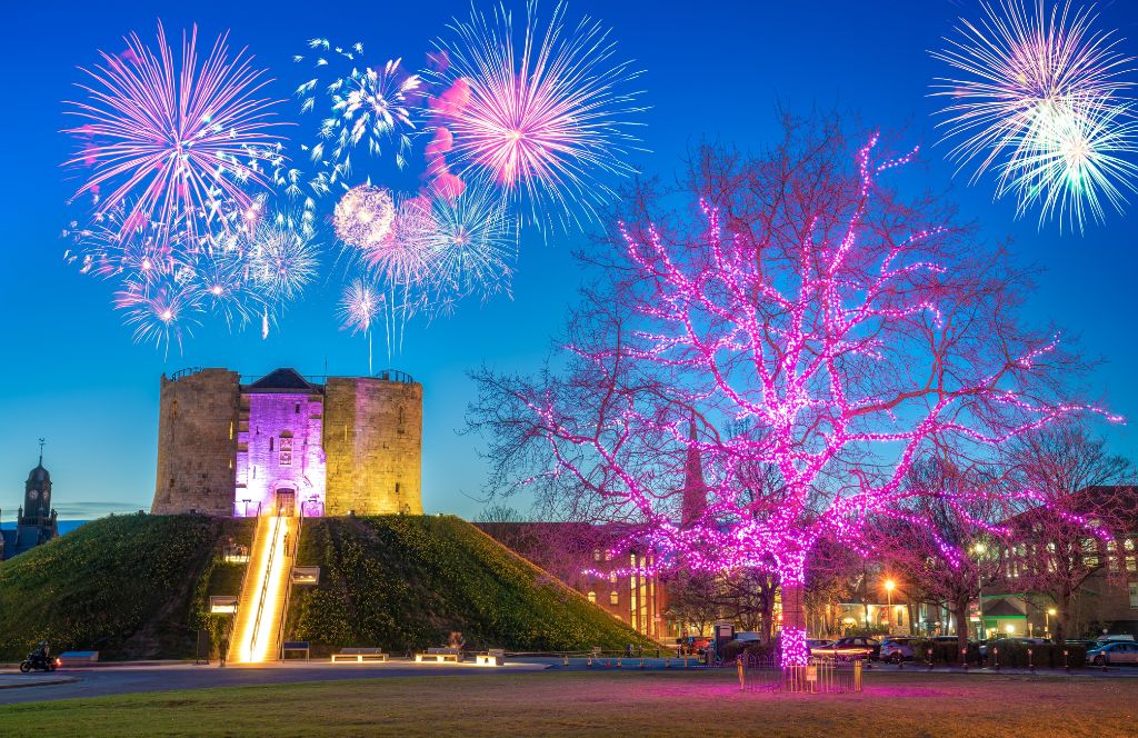 york fireworks at new year at a castle