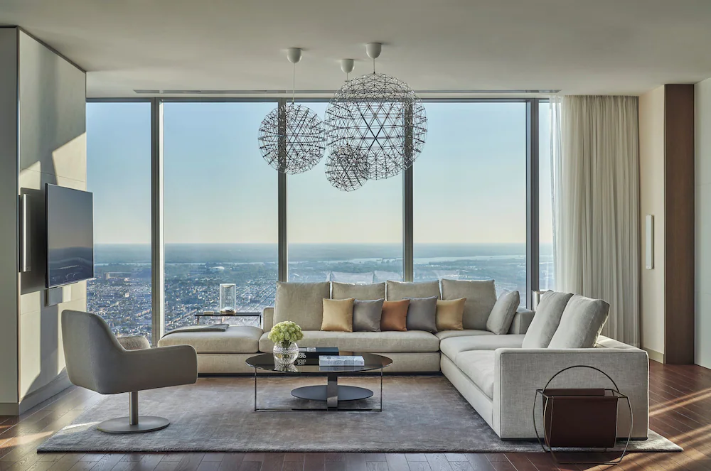 Four Seasons Philadelphia infinity pool and skyline view from the Comcast Center, luxury city hotel