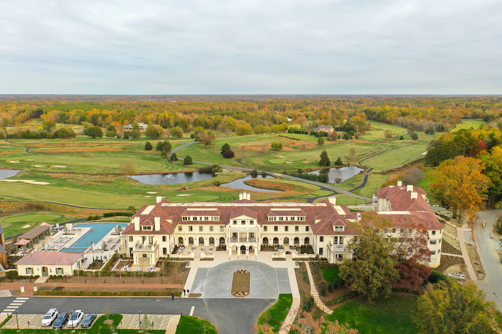 Keswick Hall hotel in Charlottesville Virginia, Robert A.M. Stern architecture with Blue Ridge Mountain views