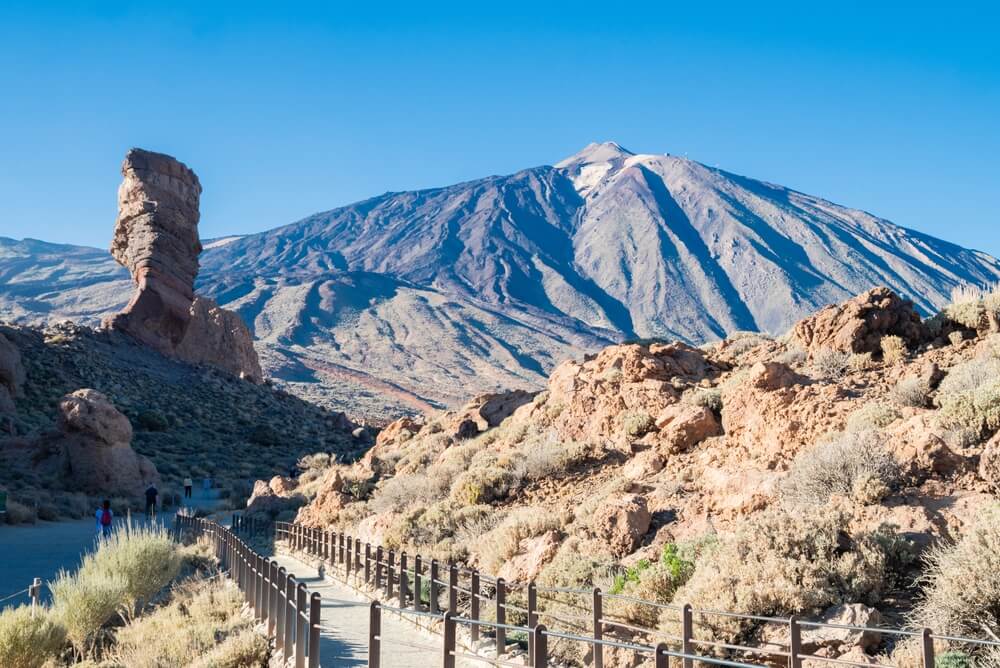 The snow-capped Teide volcano seen from the Roques de García trail, one of the top things to see and do in Tenerife.
